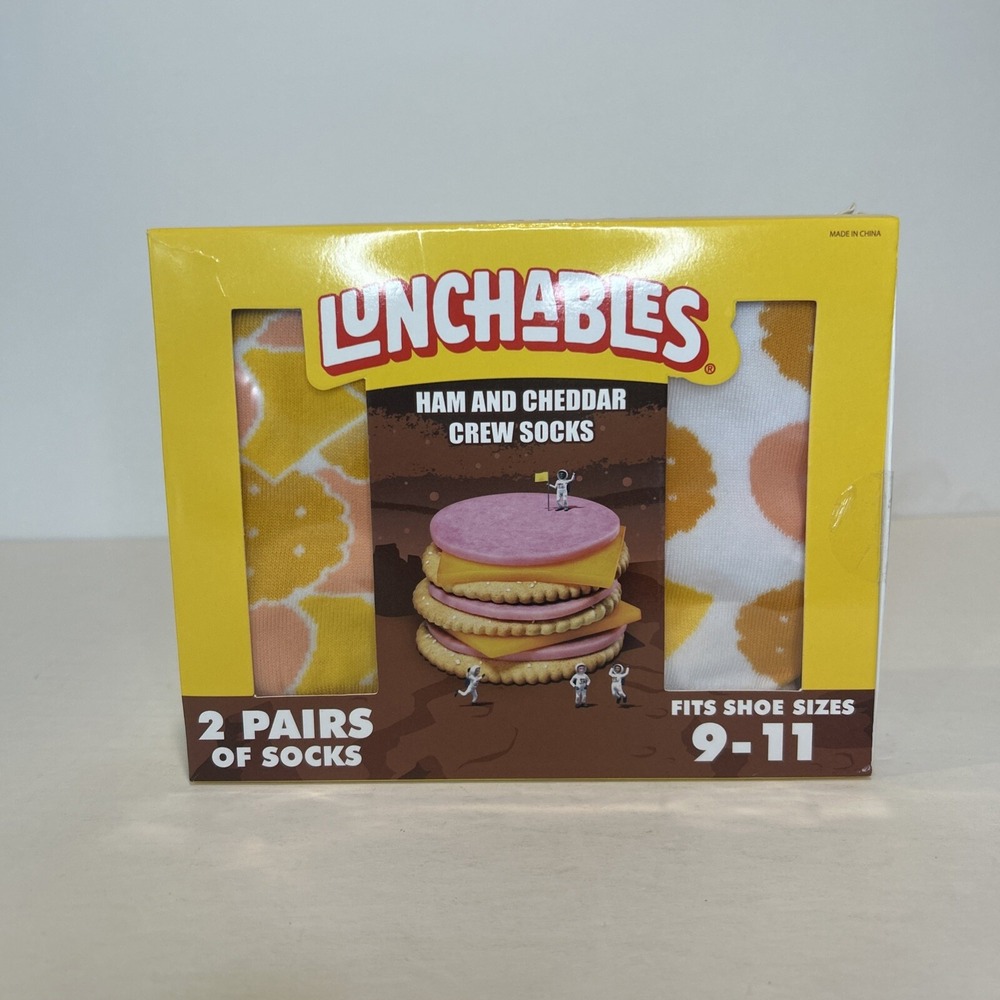 Lunchables Crew Socks Mens 9-11 Yellow Ham and Cheddar Novelty 2‎ Pair Pack